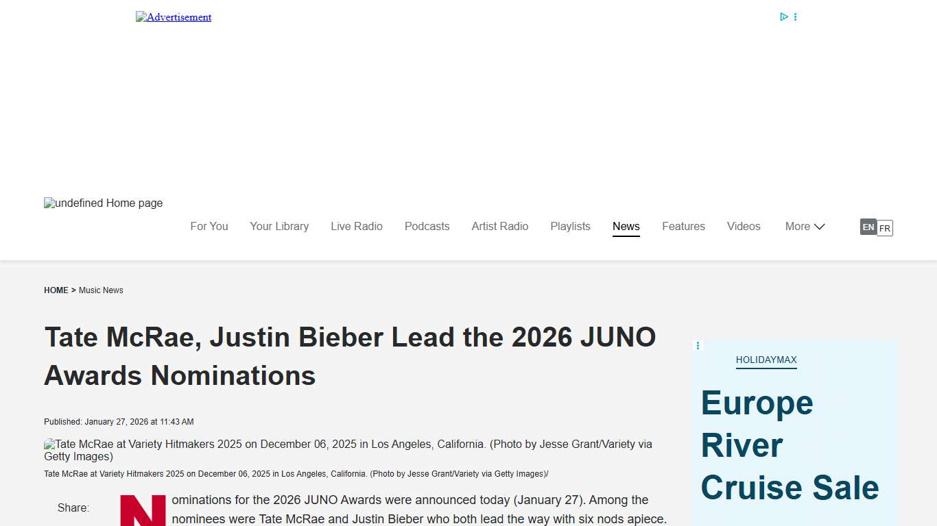 Tate McRae, Justin Bieber Lead the 2026 JUNO Awards Nominations